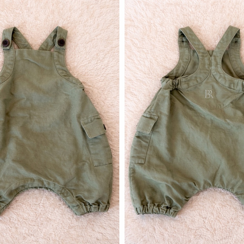 BR Baby Olive Green Romper 3-6M 🌿 Cargo Pocket Bubble Romper